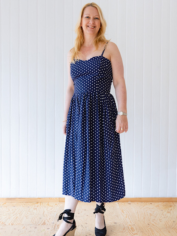 dressmaking pattern summer long gathered skirt with fitted bodice and thin straps cotton fabric material