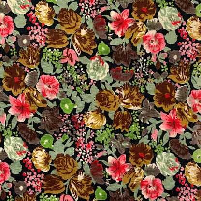 Vintage cotton fabric black, green and pink floral 