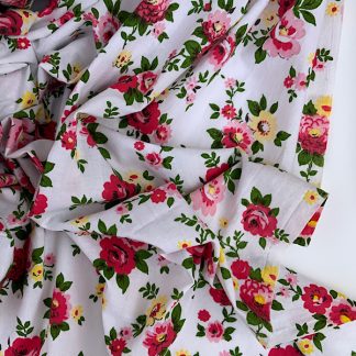 Cotton floral vintage fabric with pink and yellow roses