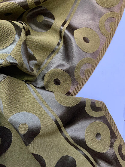 Vintage fabric olive green jacquard satin circles from the 1960s mid century