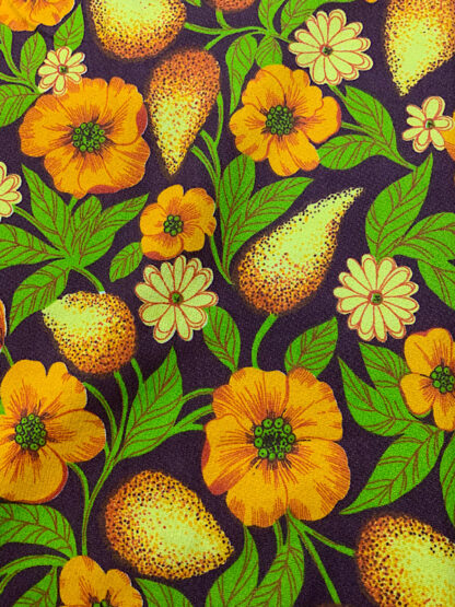 Vintage barkcloth fabric brown floral mid-century 1950s 1960s