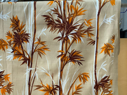 Vintage barkcloth fabric cotton floral bamboo plant print beige, orange, brown mid-century 1950s 1960s
