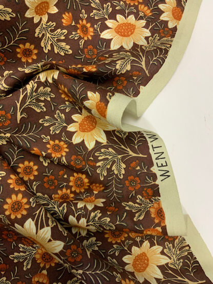 Vintage cotton fabric brown floral 'Wentworth' mid-century 1950s 1960s