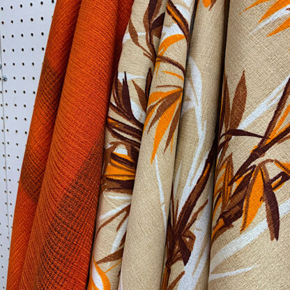 Vintage barkcloth fabric cotton floral bamboo plant print beige, orange, brown mid-century 1950s 1960s