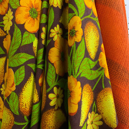 Vintage barkcloth fabric brown floral mid-century 1950s 1960s