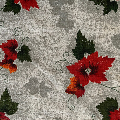 Vintage barkcloth fabric cotton floral red and green leaf design grey background mid-century 1950s 1960s